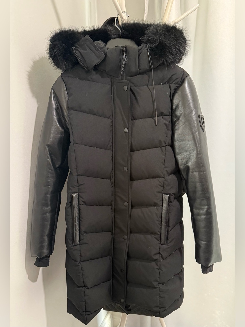 RUDSAK Black Quilted Down Coat with Leather Sleeves & Fur Trim